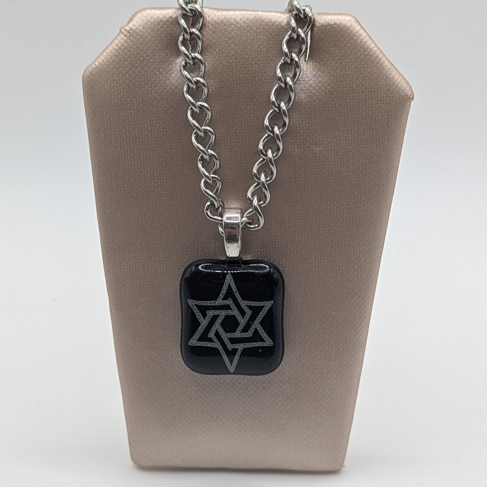 Handmade glass Black Star of David Men's Necklace.